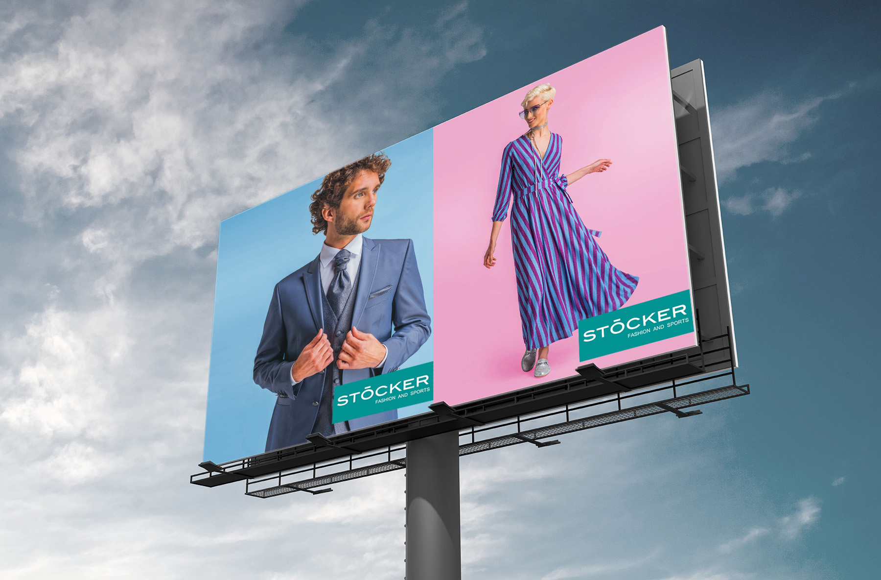 3D illustration of blank white billboard against blue sky.